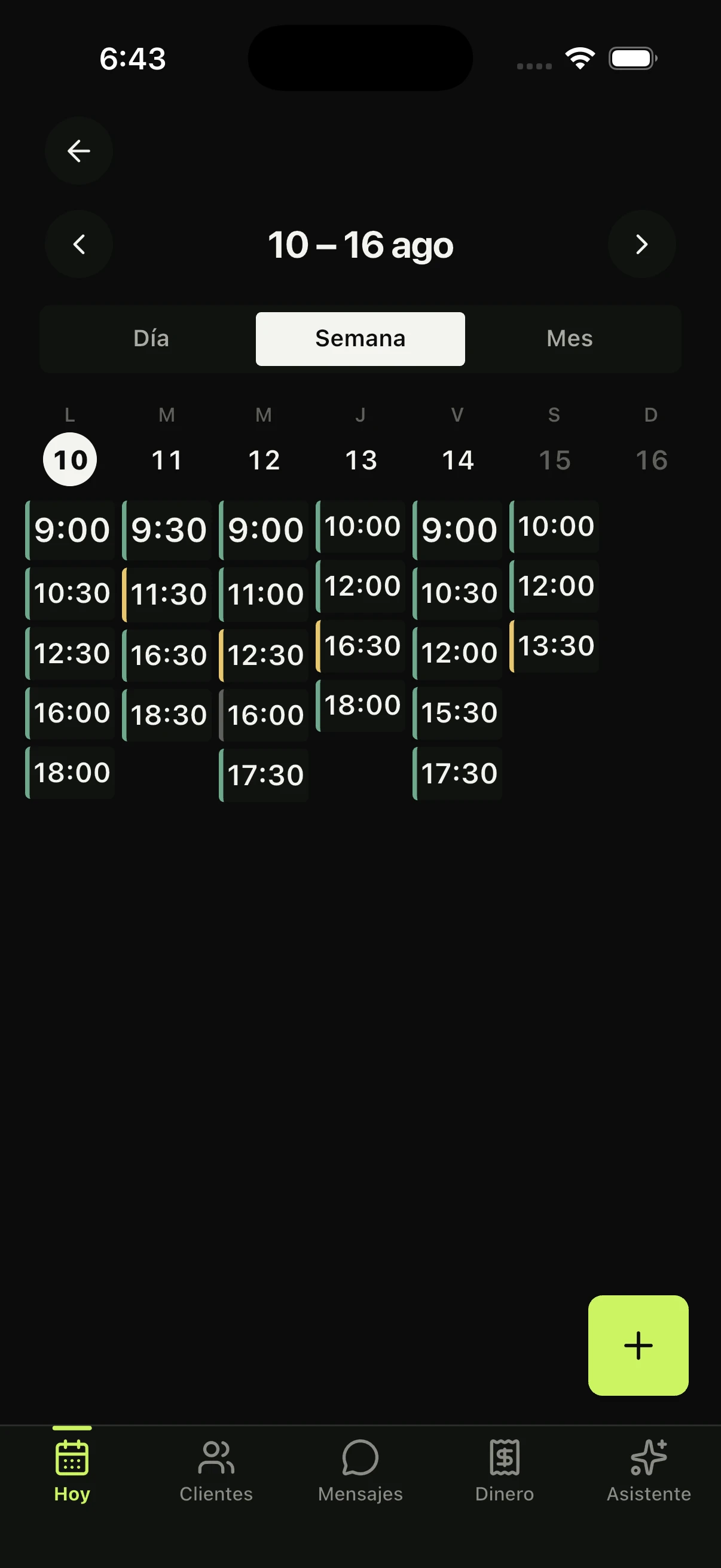 Captura de la agenda de Manolibre con la semana llena y una cita nueva entrando