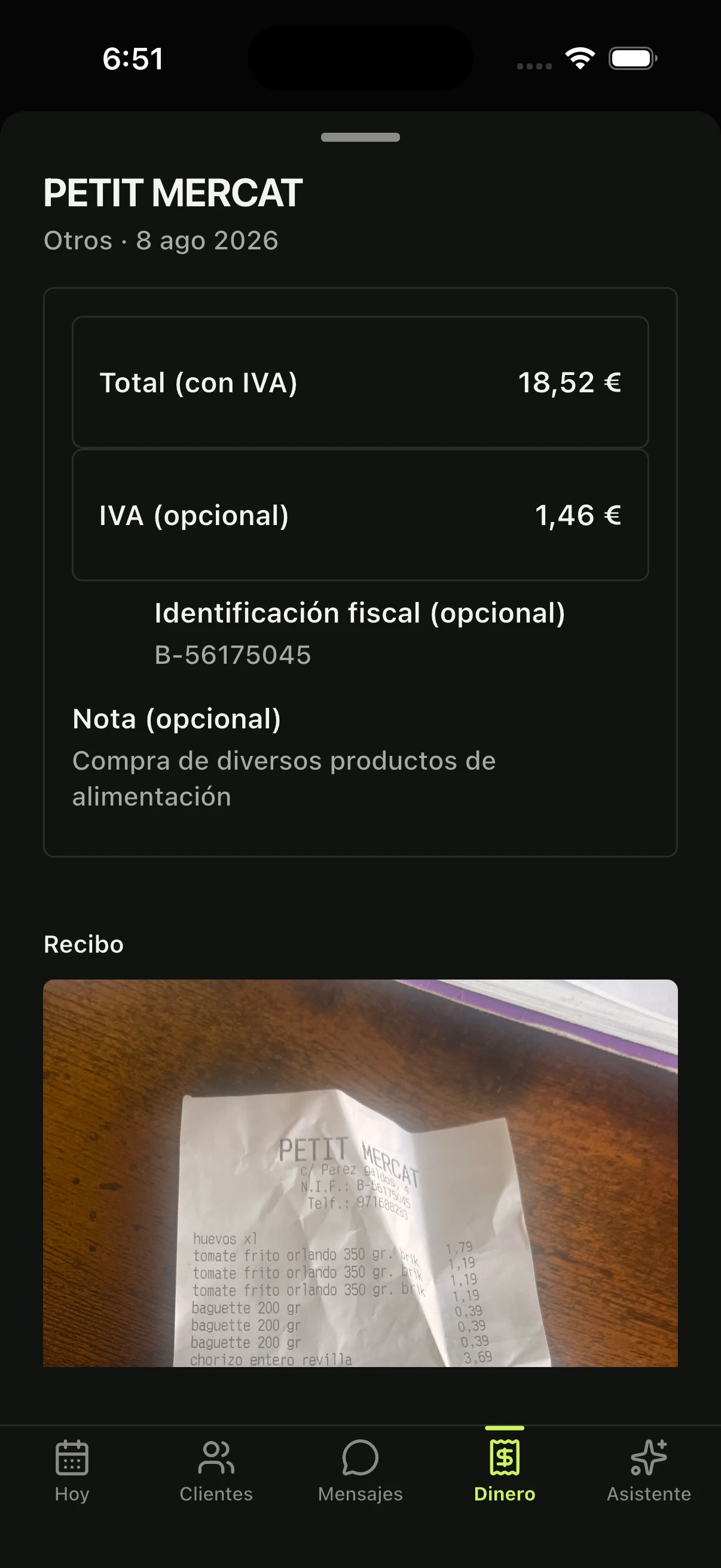 Captura de un gasto de Manolibre creado a partir de la foto de un ticket