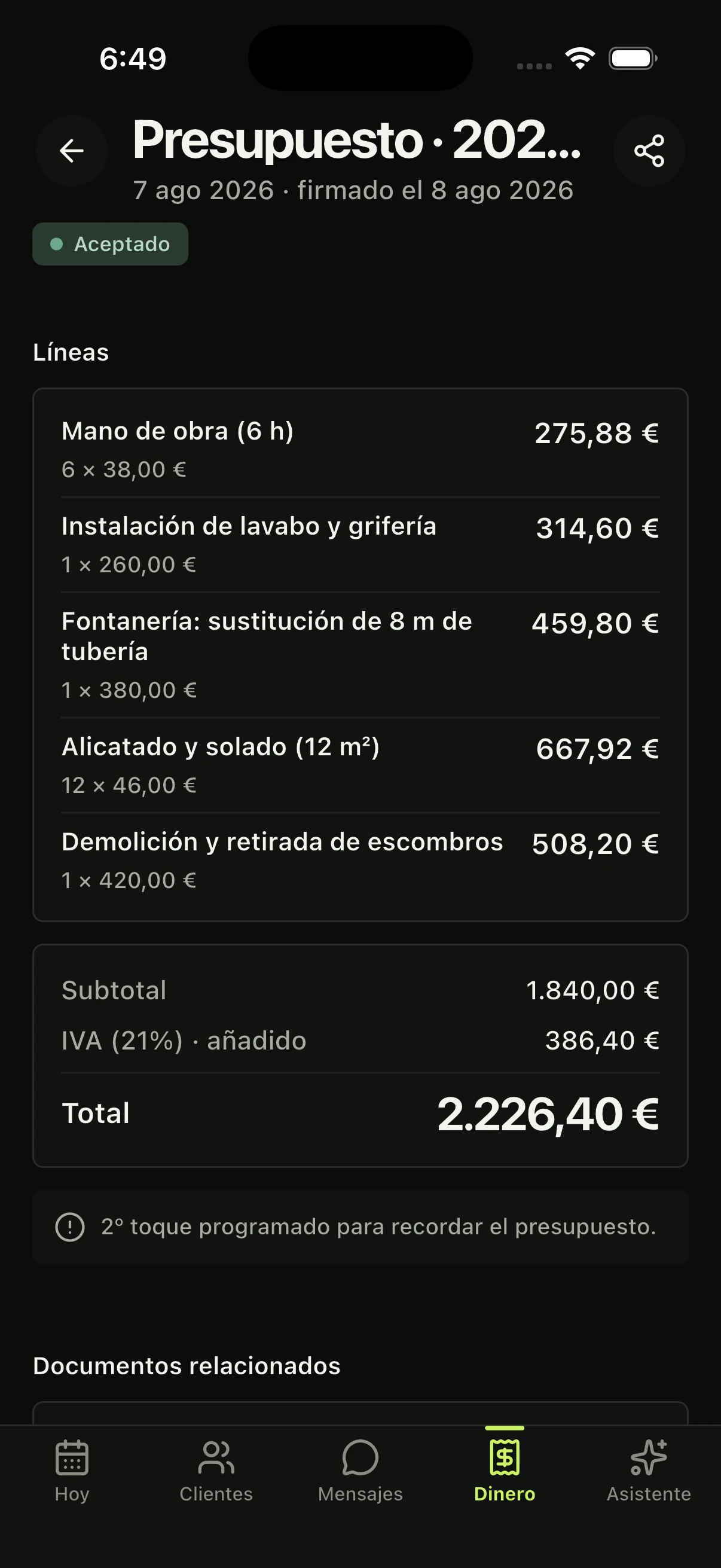 Captura de un presupuesto de Manolibre recién creado desde una nota de voz